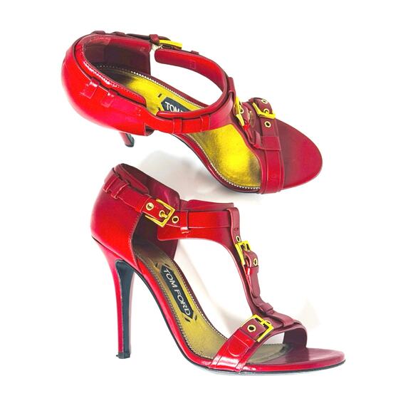 Tom Ford Red Leather Buckle T-Strap High Heel Sandals Size 37.5 - Picture 6 of 10